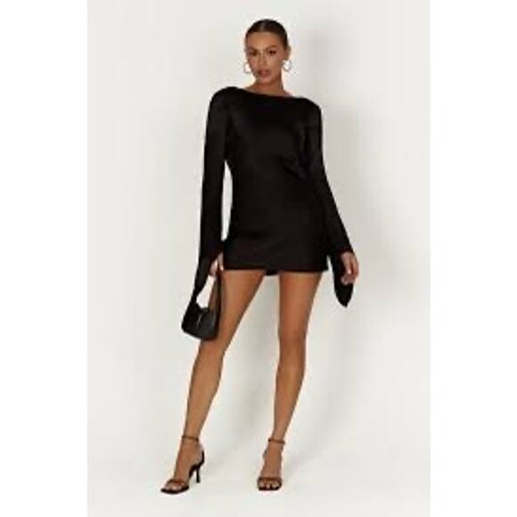NWT Meshki Davina Satin Black Long- Bell Sleeve Mini Dress Women's Size XS  Dresses